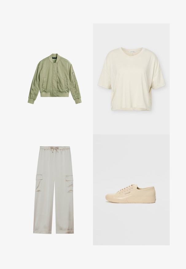 Veste bomber vert clair avec une poche zippée sur la manche gauche, un col et des poignets côtelés, et une finition lisse et mate. Fit ajusté avec des poches latérales.; T-shirt ample à manches courtes de couleur crème avec encolure ronde, fabriqué en tissu doux, présenté sur un fond blanc.; Pantalons cargo beiges en tissu lisse avec une taille élastique et un cordon de serrage, dotés de deux poches latérales et de jambes larges.; Baskets beiges montantes avec une finition brillante, dotées d'une semelle en caoutchouc texturée, d'un bout rond et de six œillets pour les lacets.