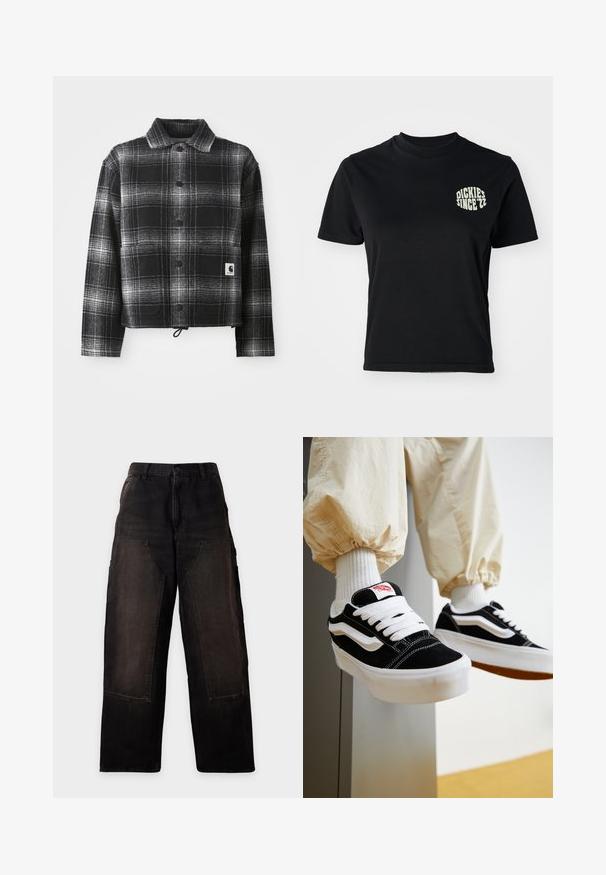 Veste en flanelle à carreaux noir et blanc avec un col, des boutons à l'avant et un ourlet ajustable avec cordon de serrage. Comprend une patch logo sur la poche.; T-shirt en coton noir avec un col rond et des manches courtes ; présente un graphique vert clair "DICKIES SINCE '22" sur la zone de la poitrine gauche.; Pantalon noir à jambes larges avec grandes poches plaquées devant et passants de ceinture, présenté sur un fond clair uni.; Personne portant des baskets Vans noires et blanches avec des lacets blancs, des chaussettes blanches et un pantalon beige avec des poignets élastiques.