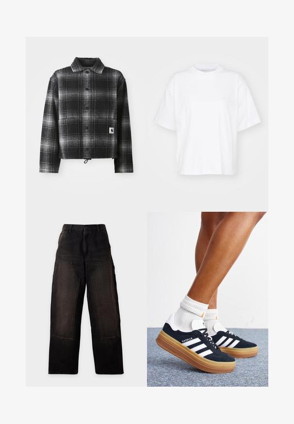 Veste en flanelle à carreaux noir et blanc avec un col, des boutons à l'avant et un ourlet ajustable avec cordon de serrage. Comprend une patch logo sur la poche.; T-shirt en coton blanc avec un col rond, des manches courtes et une coupe décontractée. Présente un logo discret sur la zone gauche de la poitrine. Texture lisse.; Pantalon noir à jambes larges avec grandes poches plaquées devant et passants de ceinture, présenté sur un fond clair uni.; Jambes portant des chaussettes blanches et des baskets Adidas Gazelle noires avec des bandes blanches et des semelles épaisses marron sur un sol recouvert de moquette grise.