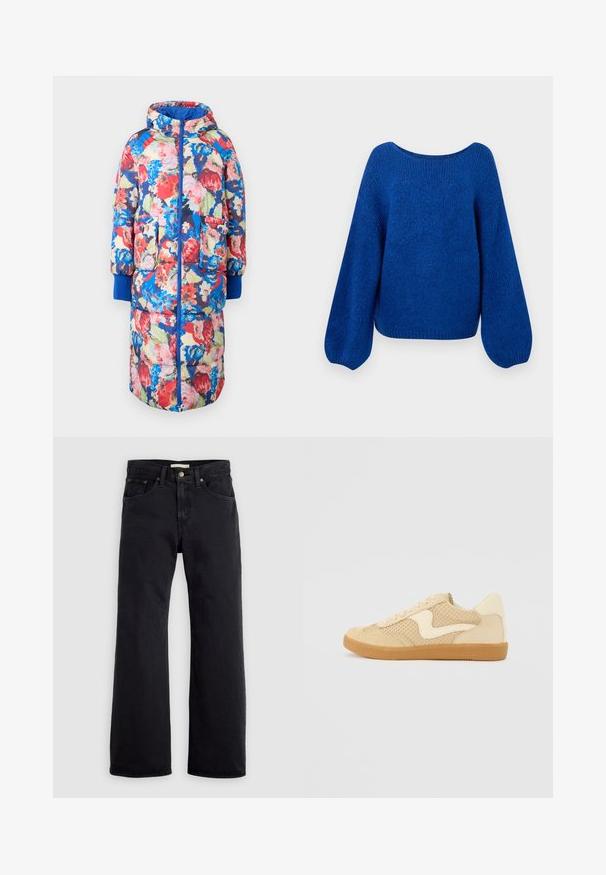 Gevoerde bloemencode met een capuchon, met rode, roze en blauwe bloemen op een donkere achtergrond, twee voorzakken en ribgebreide blauwe manchetten.; Blauwe gebreide trui met een brede bootkraag, losse ballonsleeves en een gestructureerd oppervlak. De verkorte zoom versterkt de ontspannen pasvorm.; Zwarte high-waist straight-leg jeans met vooraan knoop- en ritssluiting en een ontwerp met vijf zakken, tegen een effen lichte achtergrond.; Beige sneaker van suede en mesh materialen, ronde vorm, opvallende gepolsterde kraag en een gumrubberen zool. Kenmerkt zich door een golvend ontwerp accent.