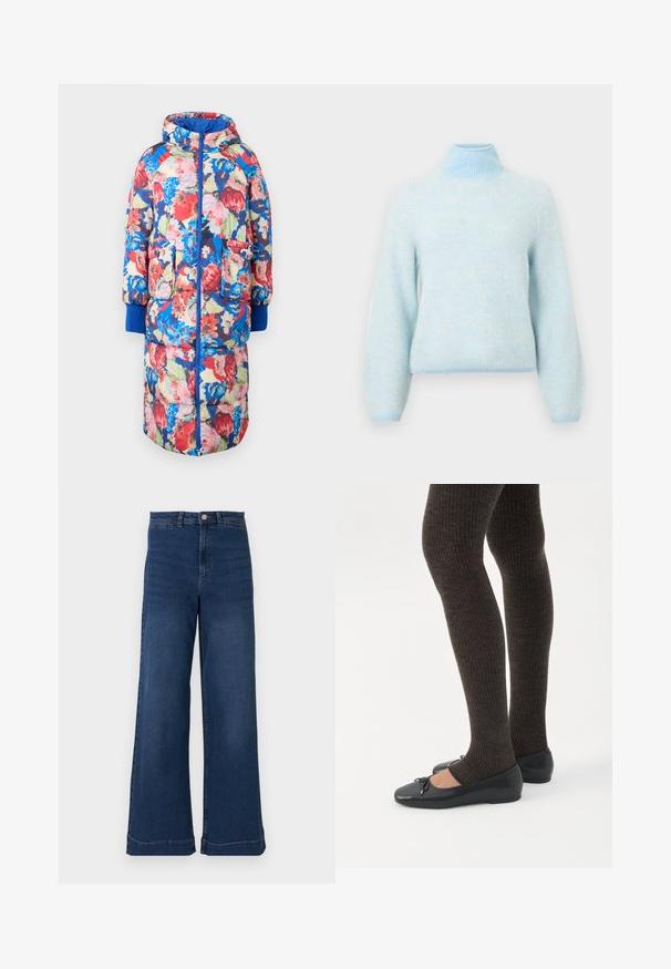 Gevoerde bloemencode met een capuchon, met rode, roze en blauwe bloemen op een donkere achtergrond, twee voorzakken en ribgebreide blauwe manchetten.; Lichtblauwe gebreide trui met hoge ribbelkragen, lange mouwen en een visgraatpatroon. Zachte textuur en aansluitende zoom.; Wijdvallende blauwe denim jeans met een hoge taille, voorzien van een knoopsluiting aan de voorkant, vijf zakken en subtiele stikseldetails.; Benen met donkere geribbelde leggings gecombineerd met zwarte ballerina's met kleine strikdetails op een witte achtergrond.