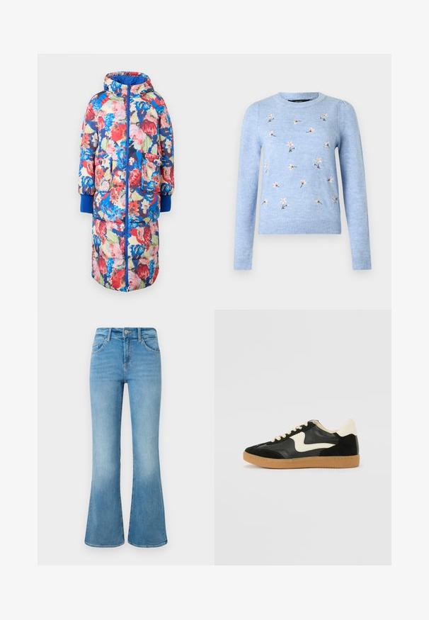Gevoerde bloemencode met een capuchon, met rode, roze en blauwe bloemen op een donkere achtergrond, twee voorzakken en ribgebreide blauwe manchetten.; Lichtblauwe gebreide trui met bloemenborduursel, ronde hals, lange mouwen en geribbelde manchetten. Zachte textuur en aansluitend ontwerp.; Lichtblauwe spijkerbroek met flair, voorzien van voorzakken, riemlussen en een knoopsluiting, tegen een witte achtergrond.; Zwarte suède en leren sneaker met een crèmekleurige zij-swoosh en lichte crèmekleurige hiel. Voorzien van beige veters en een gumrubberen zool.