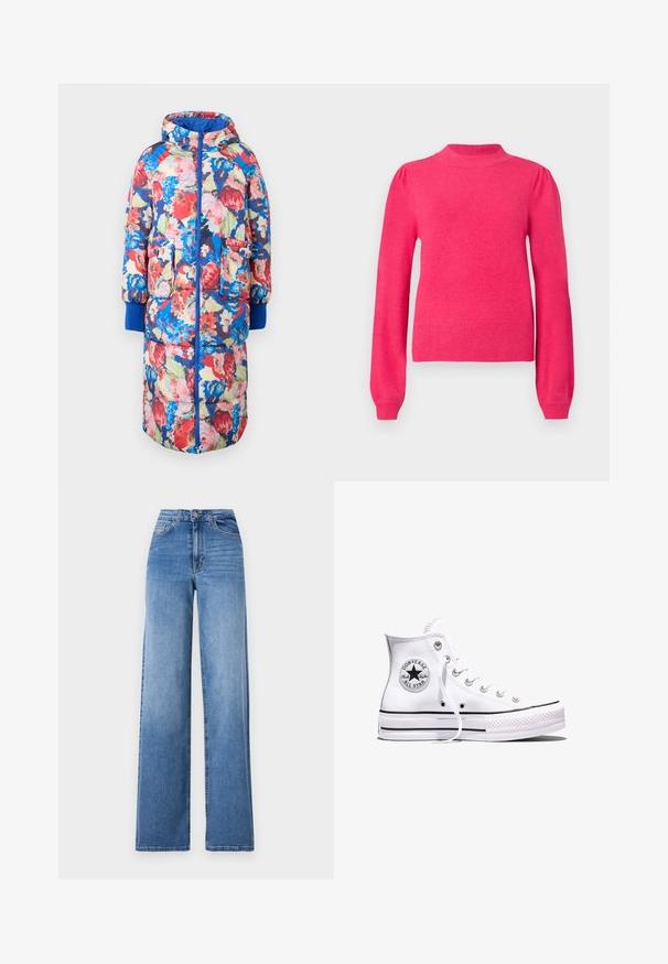 Gevoerde bloemencode met een capuchon, met rode, roze en blauwe bloemen op een donkere achtergrond, twee voorzakken en ribgebreide blauwe manchetten.; Felroze langemouwen trui met een hoge halslijn, licht gepofte schouders en geribde manchetten en zoom.; Lichtblauwe wijd uitlopende spijkerbroek van denim, met een hoge taille, voorkruiszakken en een standaard knoopsluiting. Gladde textuur.; Witte Converse Chuck Taylor All Star sneaker met hoge schacht, zwarte strepen en logo-patch aan de zijkant, weergegeven tegen een effen witte achtergrond.