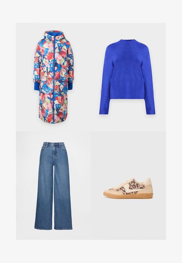 Gevoerde bloemencode met een capuchon, met rode, roze en blauwe bloemen op een donkere achtergrond, twee voorzakken en ribgebreide blauwe manchetten.; Blauwe gebreide trui met een hoge nek, geribbelde zoom en lange mouwen. Gladde textuur met een iets losse pasvorm en zijsplitsingen.; Wijde jeans in mediumblauwe denim met een hoge taille, riemlussen en knoopsluiting. Gladde textuur met minimale stikdetails.; Luipaardprint sneakers met een beige suède bovenkant, tan rubberen zool en witte accenten. Ronde neus en vetersluiting met een gestructureerde afwerking.