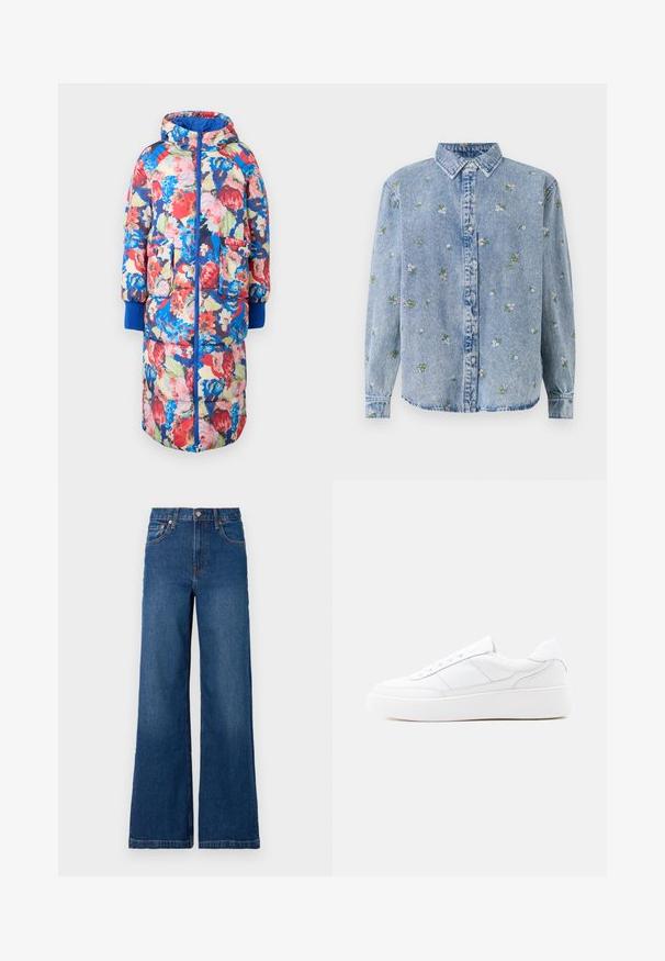 Gesteppten Blumenmantel mit Kapuze, der rote, rosa und blaue Blumen auf einem dunklen Hintergrund zeigt, zwei vordere Taschen und gerippte blaue Bündchen hat.; Helles blaues Denim-Hemd mit Button-Down-Kragen, verziert mit verstreuten floralem Stickereien in Grün und Rosa. Klassischer Schnitt, lange Ärmel.; GAP STRIDE SUTTON - Wide Leg - dark wash; Weißer Low-Top-Sneaker mit dicker Sohle, Schnürdesign und dezenten Nahtdetails auf hellem, einfachem Hintergrund.
