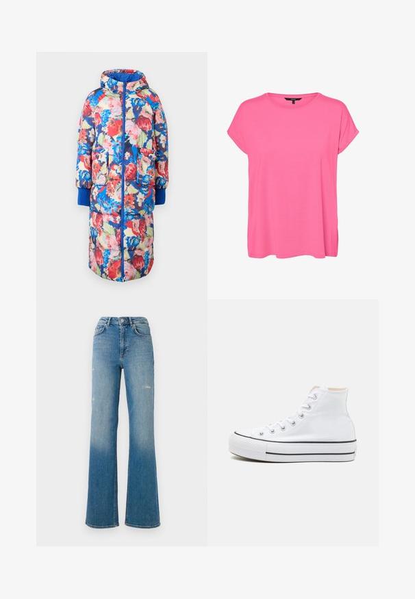Gevoerde bloemencode met een capuchon, met rode, roze en blauwe bloemen op een donkere achtergrond, twee voorzakken en ribgebreide blauwe manchetten.; Felroze dames T-shirt met korte mouwen, een ronde hals en opgerolde manchetten, gemaakt van zachte stof.; Hoge taille blauwe denim jeans met lichte slijtage op de dijen, vijf zakken stijl, en een uitlopend pasvorm.; Witte hoge sneakers van canvasmateriaal, zwarte rubberen zool en contrasterende zwarte streep op de tussenzool. Circulaire neus en vetersluiting.