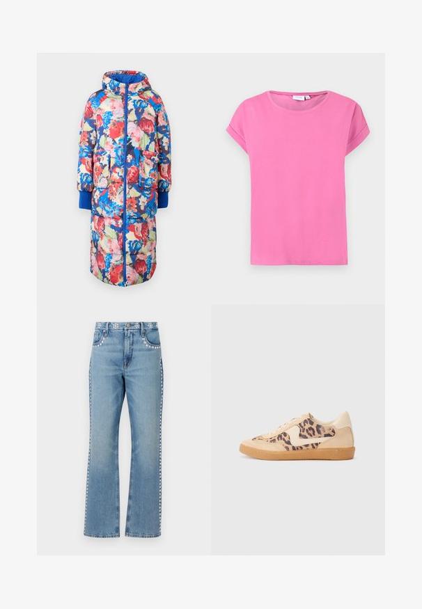 Gevoerde bloemencode met een capuchon, met rode, roze en blauwe bloemen op een donkere achtergrond, twee voorzakken en ribgebreide blauwe manchetten.; Roze t-shirt met korte mouwen en ronde hals, met omgeslagen mouwzomen en een effen, gladde stofstructuur op een witte achtergrond.; Good American GOOD ICON STUDDED - Straight leg jeans - indigo; Luipaardprint sneakers met een beige suède bovenkant, tan rubberen zool en witte accenten. Ronde neus en vetersluiting met een gestructureerde afwerking.
