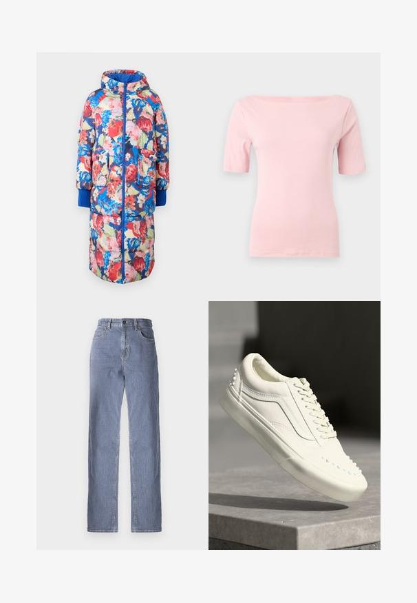 Gesteppten Blumenmantel mit Kapuze, der rote, rosa und blaue Blumen auf einem dunklen Hintergrund zeigt, zwei vordere Taschen und gerippte blaue Bündchen hat.; Weiches rosa Kurzarmoberteil mit einem Bootsausschnitt und schlanker Passform, präsentiert vor einem hellgrauen Hintergrund.; Gestreifte Denim-Jeans mit geradem Bein, ausgestattet mit einem Knopf- und Reißverschluss, fünf Taschen und einem leichten Farbverlauf.; Weiße Sneaker mit strukturierter Oberfläche, gepolstertem Schaft, Schnürdesign und kleinen dekorativen Nieten entlang der Seite in der Nähe der Sohle.