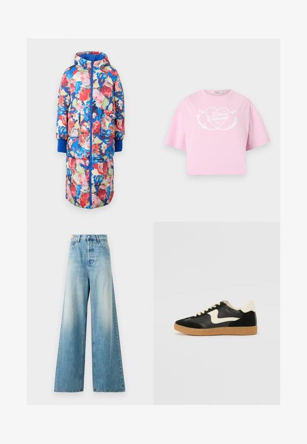 Manteau matelassé à fleurs avec capuche, présentant des fleurs rouges, roses et bleues sur un fond sombre, deux poches avant et des poignets en rib d'un bleu vibrant.; T-shirt rose clair court avec un motif de cœur blanc et le texte « Chica Caliente » sur le devant, manches courtes et col rond.; Jean en denim à jambes larges dans un délavé bleu clair avec des zones usées. Doté d'une taille haute, d'un design standard à cinq poches et d'un bouton en métal.; Baskets en daim et cuir noir avec un swoosh latéral crème et un talon crème clair. Dotées de lacets beige et d'une semelle en caoutchouc gomme.