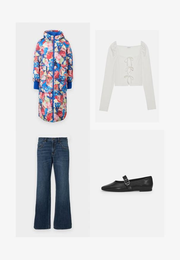 Gevoerde bloemencode met een capuchon, met rode, roze en blauwe bloemen op een donkere achtergrond, twee voorzakken en ribgebreide blauwe manchetten.; Witte geribbelde lange mouwen top met een vierkante halslijn, opgeblazen mouwen en een strikdetail aan de voorkant met dunne banden. Korte ontwerp.; Donkerblauwe wijde jeans met klassiek ontwerp met vijf zakken, voorzien van een knoopsluiting en subtiele vervaging. Gemaakt van denimstof.; Zwarte leren platte schoen met een ronde neus, een enkele verstelbare gespsluiting en een gladde, glanzende textuur. Minimalistisch ontwerp met een lage hak.