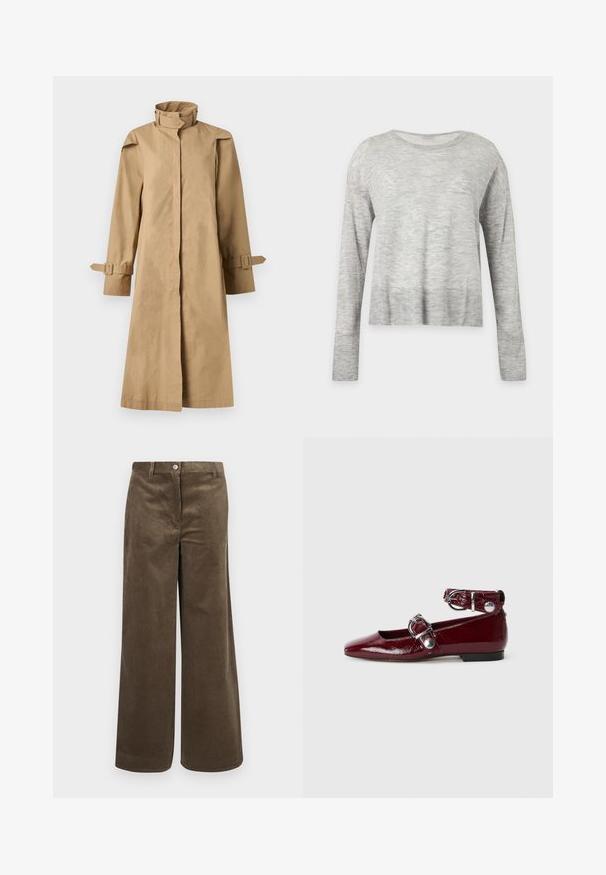 BITE Studios CHET LIGHT - Trench - barley; Pull gris clair à manches longues avec un col rond et une coupe légèrement ample, présenté sur un fond clair uni.; Pantalons en velours côtelé marron à jambes larges avec des côtes verticales, dotés d'une fermeture à bouton à l'avant et d'une taille standard. Texture lisse, design décontracté.; Ballerines en cuir verni bordeaux avec un bout pointu, une bride de cheville avec une boucle en argent et un petit talon. Texture lisse sur l'ensemble.