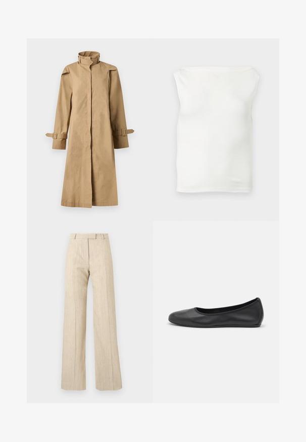 BITE Studios CHET LIGHT - Trench - barley; Top tube blanc ajusté sans bretelles avec un décolleté droit et un tissu lisse, présenté sur un fond clair.; Pantalon beige taille haute à jambes larges avec passants de ceinture et plis devant, réalisé en tissu texturé.; Ballerines en cuir noir avec un bout rond, texture lisse, détails de couture minimalistes et design de semelle flexible.