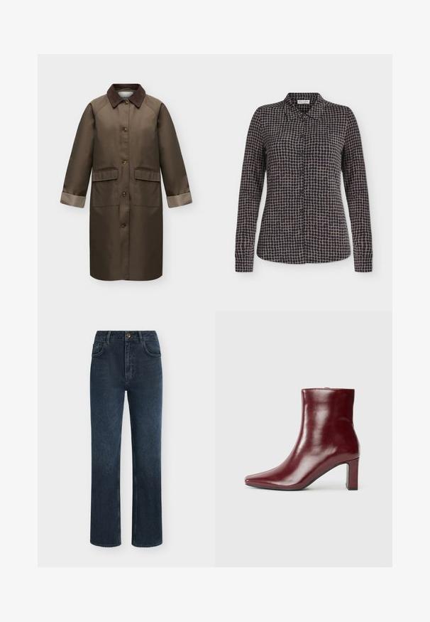 Manteau long marron avec col marron foncé, quatre boutons devant, deux poches à rabat et poignets retournés à carreaux aux manches.; Chemise à manches longues à boutons avec motif à pois noirs et gris et col pointu, présentée sur fond blanc.; Jean denim bleu foncé droit avec bouton devant, fermeture éclair et design à cinq poches.; Bottine en cuir bordeaux avec un bout pointu et un talon carré. Texture lisse avec une silhouette élégante et des lignes épurées.