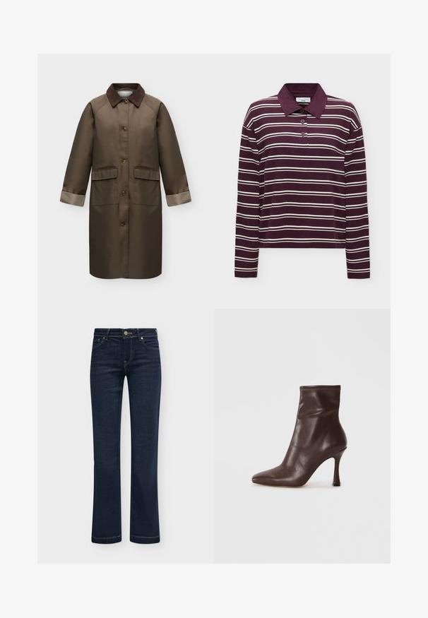 Manteau long marron avec col marron foncé, quatre boutons devant, deux poches à rabat et poignets retournés à carreaux aux manches.; Polo manches longues couleur bordeaux avec des rayures horizontales blanches et trois boutons sur le devant, présenté sur un fond uni.; Jean bleu foncé à jambes droites avec cinq poches et fermeture à boutons, présenté à plat sur un fond clair.; Bottine en cuir marron avec un bout pointu et un talon stiletto fin. Présente une texture lisse et des détails cousus autour de l'ouverture.