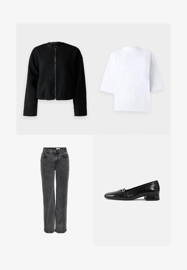 Veste noire courte en tissu texturé et duveteux. Dotée d'un col rond et d'une fermeture à glissière à l'avant, avec des manches longues et amples.; Haut blanc en coton à manches courtes avec un col montant et arrondi et une coupe ample. Texture lisse, sans motifs ni accents visibles.; Jeans en denim noir au design droit, avec poches avant, passants de ceinture et une texture légèrement délavée.; Ballet flats en cuir verni noir avec un bout pointu, un petit talon carré et un détail de boucle métallique sur la sangle. Texture lisse.