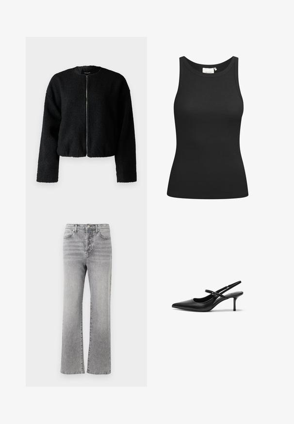 Veste noire courte en tissu texturé et duveteux. Dotée d'un col rond et d'une fermeture à glissière à l'avant, avec des manches longues et amples.; Débardeur noir en tissu côtelé, avec un décolleté en forme de rond et une coupe ajustée. Coutures plates et sans ornements. Design simple et épuré.; Jean en denim gris avec une coupe droite, taille mi-haute, cinq poches, et un léger dégradé pour donner de la texture. Détails en métal pour le bouton et les coutures.; Talons aiguilles noires en cuir avec un bout pointu, une fine bride réglable, et un talon aiguille d'environ 5 cm, texture lisse.