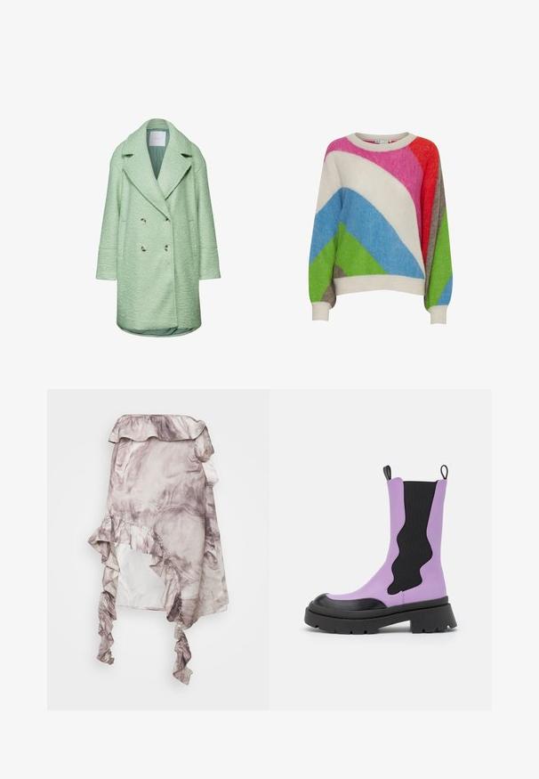 Mørkegrøn dobbeltbrystet frakke med tekstureret stof, stort udskåret krave og sidelommer. Har metalknapper og en afslappet pasform.; Multifarvet sweater med et geometrisk design i pink, grøn, blå, rød, creme og brun. Blød tekstur med ribbede manchetter.; ROKH MIDI SKIRT RUFFLES - A-snit nederdel - purple; NA-KD WAVY ELASTIC BOOTS - Plateaustøvler - black/purple
