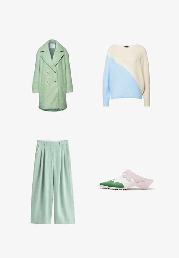 Mintgrüner, doppelt knöpfbarer Mantel aus strukturiertem Stoff, mit großem Reverskragen und seitlichen Taschen. Mit metallischen Knöpfen und einer lässigen Passform.; Leichter Pullover in Creme und Hellblau mit diagonalem Muster. Verfügt über einen weiten Ausschnitt und lange Ärmel. Weicher, strukturierter Stoff.; Hellgrüne Hose mit weitem Bein, hohem Bund, Vorderfalten, Gürtelschlaufen und Seitentaschen, auf weißem Hintergrund dargestellt.; Slip-On-Muleschuh mit spitzer grüner Spitze, weißem Obermaterial mit pinkem wellenförmigem Overlay und niedrigem schrägem Absatz auf weißem Hintergrund.