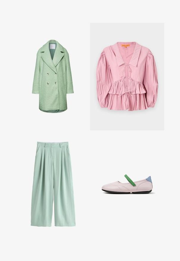 Mintgrüner, doppelt knöpfbarer Mantel aus strukturiertem Stoff, mit großem Reverskragen und seitlichen Taschen. Mit metallischen Knöpfen und einer lässigen Passform.; Stine Goya PLEATED BALLOON SLEEVE TIE - Bluse - pink nectar; Hellgrüne Hose mit weitem Bein, hohem Bund, Vorderfalten, Gürtelschlaufen und Seitentaschen, auf weißem Hintergrund dargestellt.; Hellrosa flacher Schuh mit schwarzer Sohle, grünem Riemen oben und blauem Fersenpatch, seitlich vor weißem Hintergrund gezeigt.