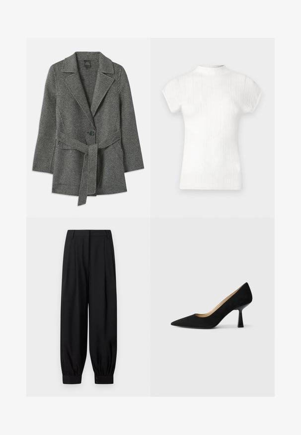 Manteau à motif chevron gris avec un col à crans, fermeture à un bouton et une ceinture assortie à la taille. Tissu doux et texturé.; Haut blanc à manches courtes côtelé avec un col haut. Texture douce, coupe ajustée et lignes verticales subtiles. Transition d'épaule sans couture.; Pantalon noir fuselé avec plis, poignets élastiqués avec deux boutons chacun, et passants de ceinture à la taille.; Pompe à talons hauts en suède noir avec un bout pointu, dotée d'un talon bloc noir brillant et d'une doublure intérieure lisse.