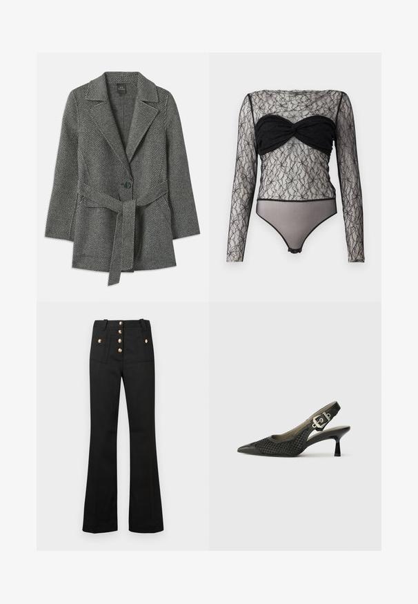 Grau gefärbter Mantel mit Fischgrätmuster, mit Reverskragen, einem Knopfverschluss und einem passenden Gürtel in der Taille. Weich strukturierter Stoff.; Hofmann Copenhagen PAULA - Langarmshirt - black; Schwarze Schlaghosen aus strukturiertem Stoff, mit fünf goldenen Knöpfen zum Verschließen und zwei Vordertaschen. Maßgeschneiderte Passform mit sichtbaren Nahtdetails.; Schwarzer Slingback-Schuh mit spitzer Zehe, gewebter Netzstruktur und Schnallenakzent an der Ferse. Schlanker, geschwungener Absatz. Glatte Lederdetails.