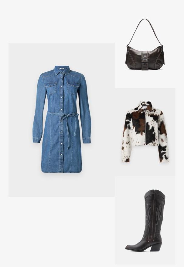 Veste courte en tissu doux avec un motif zèbre en blanc, marron et noir, dotée d'une fermeture éclair à l'avant et d'un col.; Robe chemise en denim, bleu clair, manches longues, devant à boutons, deux poches poitrine, ceinture amovible, avec ourlet arrondi et accents de couture.; Bottes de cowboy en cuir marron avec surpiqûres en forme de flammes, fermeture éclair latérale, clous argentés, bout pointu et talon superposé.; Sac à épaule en cuir marron avec une forme courbée, présentant un détail de boucle proéminent, des coutures contrastantes et une seule bandoulière.