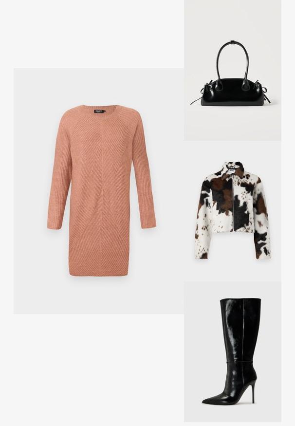 Veste courte en tissu doux avec un motif zèbre en blanc, marron et noir, dotée d'une fermeture éclair à l'avant et d'un col.; Robe pull en tricot à manches longues de couleur pêche, avec un motif en côtes en chevron et un col rond.; Bottes noires en cuir, hautes jusqu'au genou, avec un bout pointu et un talon aiguille haut. Texture lisse et design épuré, avec un minimum de détails.; Petit sac à main noir brillant avec deux longues anses et des détails à cordon sur les côtés sur un fond clair uni.