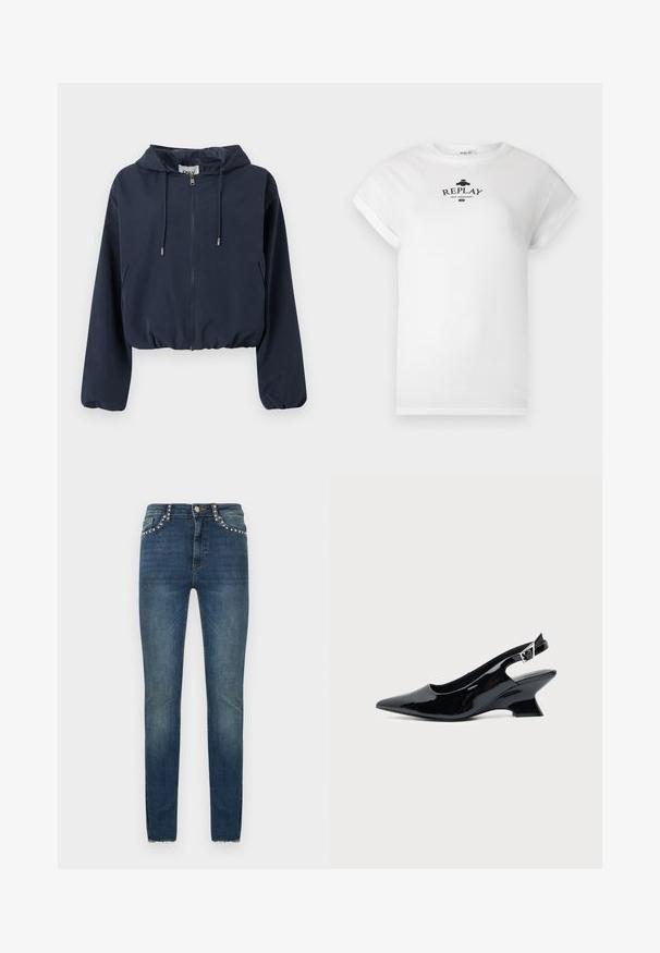 Veste courte à capuche bleu marine avec fermeture éclair frontale, capuche à cordon de serrage, poignets élastiques et poches latérales.; T-shirt en coton blanc avec un col rond et des manches courtes retroussées. Présente un logo imprimé en noir avec l'inscription "REPLAY NOT ORDINARY."; Jean skinny bleu avec des détails cloutés sur les poches avant et les passants de ceinture, et ourlet brut aux chevilles.; Chaussure slingback en cuir verni noir avec bout pointu et petit talon bloc incliné sur fond clair uni.