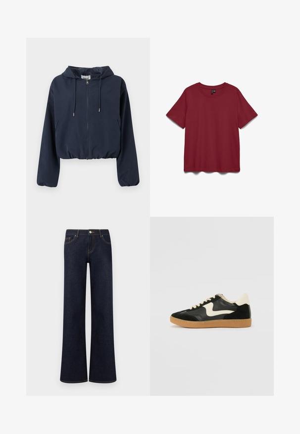 Veste courte à capuche bleu marine avec fermeture éclair frontale, capuche à cordon de serrage, poignets élastiques et poches latérales.; T-shirt à manches courtes, col rond, uni de couleur rouge foncé, présenté à plat sur fond blanc.; Jean en denim bleu foncé à jambes larges avec poches avant, fermeture par bouton et fermeture éclair, et coutures contrastantes visibles.; Baskets en daim et cuir noir avec un swoosh latéral crème et un talon crème clair. Dotées de lacets beige et d'une semelle en caoutchouc gomme.