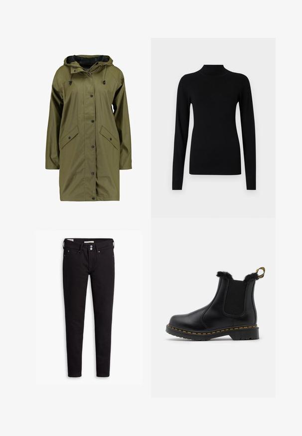Olivgrüne, wasserdichte Regenjacke mit Kapuze, Druckknöpfen, langen Ärmeln und zwei Fronttaschen. Glatte, strukturierte Außenfläche.; Schwarzer, enganliegender Rollkragenpullover mit langen Ärmeln, gerippten Bündchen und Saum auf hellgrauem Hintergrund.; Schwarze Denim-Jeans mit schmaler Passform, ausgestattet mit einem Knopfverschluss, fünf Taschen und dezenten Nahtdetails. Glatte Textur und strapazierfähiges Material.; Schwarze Leder Stiefeletten mit strukturierten elastischen Seitenpanelen, einem Fellbesatz an der Oberkante, gelben Nähten und einer robusten Gummisohle.