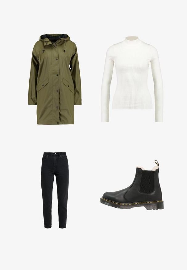 Oliven grøn vandtæt regnjakke med hætte, trykknapper, lange ærmer og to frontlommer. Glat, struktureret ydre finish.; Ribbet hvid langærmet turtleneck-bluse med en tætsiddende pasform og glat tekstur, der har en høj hals og slank silhuet.; High-waist sort denim jeans med forreste knap og lynlås, to forlommer og en tilspidset ben foran på en hvid baggrund.; Sort læder ankelstøvle med strukturerede sidepaneler, blødt hvidt faux pelsfor, gule syninger og en holdbar gummisål.