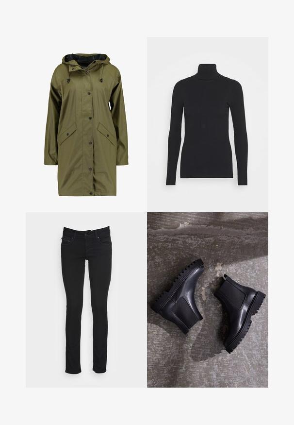 Oliven grøn vandtæt regnjakke med hætte, trykknapper, lange ærmer og to frontlommer. Glat, struktureret ydre finish.; Sort ribbet rullekravesweater med lange ærmer og en tætsiddende silhuet. Teksturen er glat med et vandret ribmønster.; Sorte slim-fit jeans med frontknap, lynlås, bæltestropper og for- samt baglommer mod hvid baggrund.; Sorte ankelstøvler med en kraftig sål, elastiske paneler og en glat læderfinish. Markant ribbet ydersål og slank silhuet.