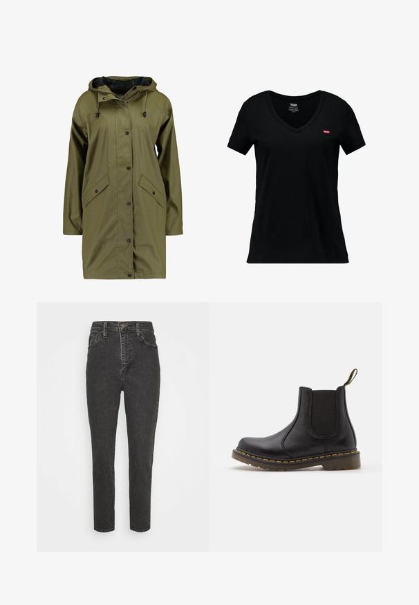 Oliven grøn vandtæt regnjakke med hætte, trykknapper, lange ærmer og to frontlommer. Glat, struktureret ydre finish.; Sort bomulds V-hals t-shirt med korte ærmer, der har et lille rødt Levi's logo på venstre brystområde og en glat tekstur.; Højtaljede sorte denim jeans med slim fit, der har en knaplukning, bælteløkker og klassisk fem-lomme-design.; Sort læder Chelsea-støvle med elastiske sidepaneler, afrundet tå, gule syninger, gummisål og en trækflig på bagsiden for nem påtagning.