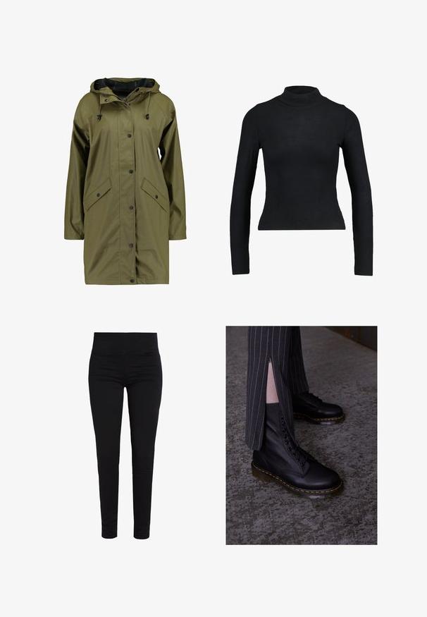 Oliven grøn vandtæt regnjakke med hætte, trykknapper, lange ærmer og to frontlommer. Glat, struktureret ydre finish.; Sort langærmet turtleneck top lavet af ribbet stof, med en tætsiddende design og slank silhuet. Ingen mønstre eller detaljer.; Sorte leggings lavet af et glat, strækbart stof, med en bred, elastisk taljebånd og en slim fit, der bliver smallere ved anklerne. Ingen synlige lukninger.; Sorte læder snørebåndsstøvler med en struktureret overflade, gule syninger og en solid, gennemsigtig sål. Samlet med stribede bukser med lynlåse.