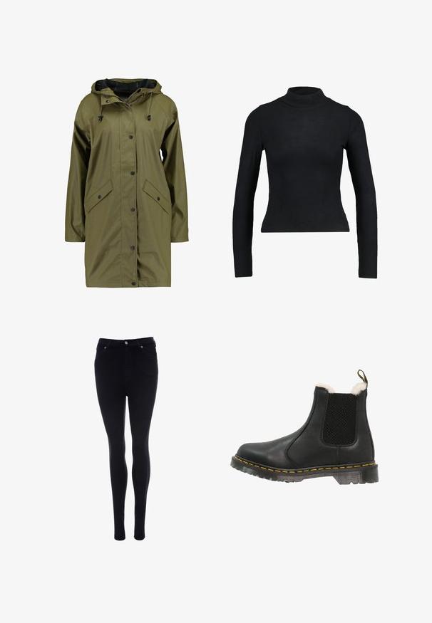 Chaquetón de lluvia impermeable de color verde oliva con capucha, botones a presión, mangas largas y dos bolsillos delanteros. Acabado exterior suave y texturizado.; Top negro de manga larga y cuello alto, hecho de tela acanalada, con un diseño ajustado y silueta esbelta. Sin patrones ni acentos.; Vaqueros skinny negros de denim con una textura suave. Presentan un cierre frontal de botón y cremallera, cinco bolsillos y un ajuste elegante.; Botín negro de cuero con paneles laterales texturizados, suave forro de piel sintética blanca, costuras amarillas y una suela de goma duradera.