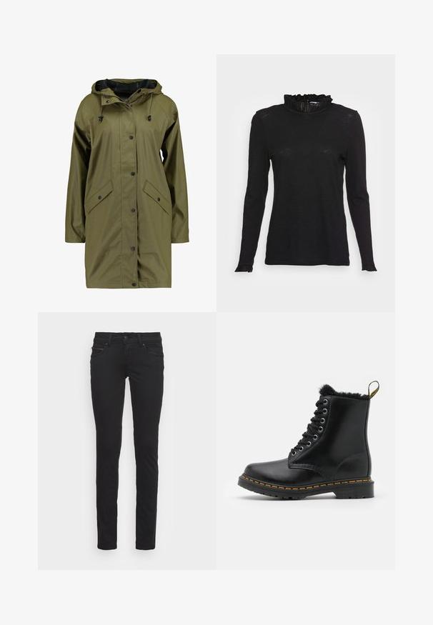 Chaquetón de lluvia impermeable de color verde oliva con capucha, botones a presión, mangas largas y dos bolsillos delanteros. Acabado exterior suave y texturizado.; Top negro de manga larga con un cuello alto y volantes, y puños ligeramente acampanados, que presenta una tela suave y texturizada y un corte ajustado.; Vaqueros negros de corte ajustado hechos de algodón, con bolsillos delanteros y un detalle de cremallera. Textura suave y diseño estándar de cinco bolsillos.; Botas de tobillo de cuero negro con punta redonda, forro de piel de oveja, ojales plateados y costura amarilla a lo largo de la suela. Suela exterior de goma resistente.