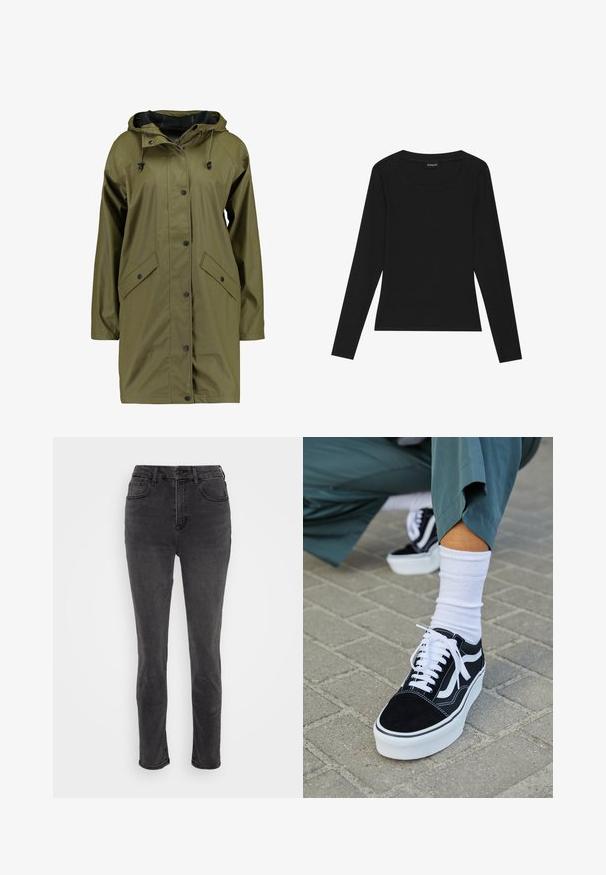 Chaquetón de lluvia impermeable de color verde oliva con capucha, botones a presión, mangas largas y dos bolsillos delanteros. Acabado exterior suave y texturizado.; Top negro de manga larga acanalada con escote redondeado y silueta ajustada. La tela tiene una textura suave y una calidad elástica.; American Eagle CURVY MOM - Vaqueros boyfriend - washed black; Zapatillas de ante negro con acentos y cordones blancos, que cuentan con una gruesa suela blanca y costuras en contraste, combinadas con un calcetín blanco.