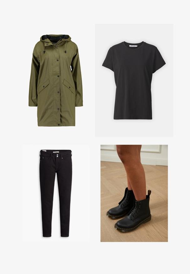 Veste de pluie imperméable vert olive avec capuche, boutons-pression, manches longues et deux poches avant. Fini extérieur lisse et texturé.; T-shirt en coton noir avec un col rond classique, des manches courtes et une coupe décontractée. Texture lisse, sans motifs ni accents visibles.; Jeans en denim noir avec une coupe slim, dotés d'une fermeture à boutons, de cinq poches et de détails de couture subtils. Texture lisse et matériau durable.; Bottines en cuir noir avec fermeture éclair et design à lacets, arborant des coutures jaunes et une semelle épaisse et texturée.