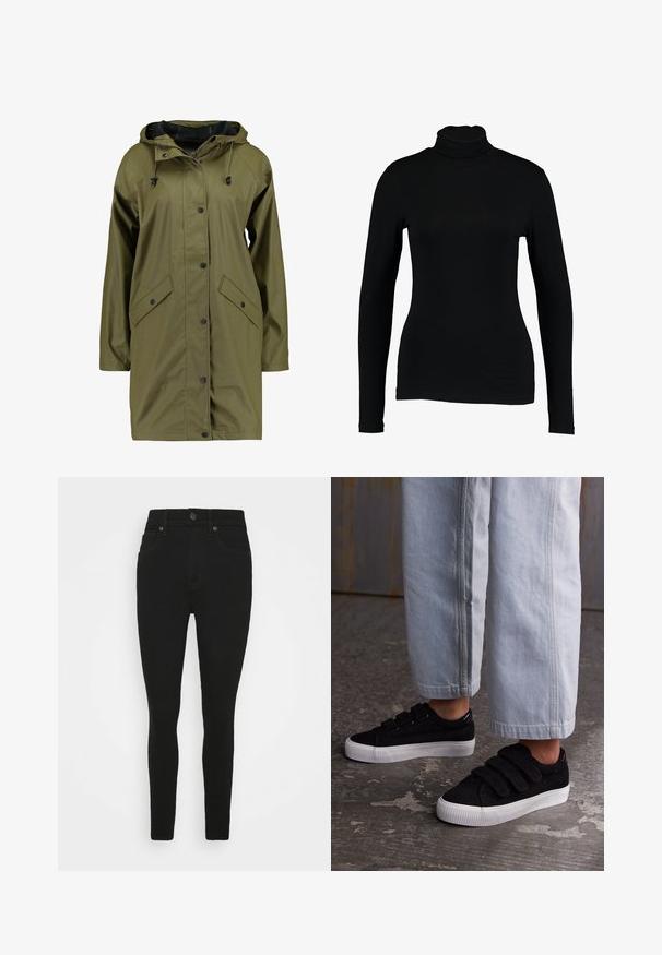 Oliven grøn vandtæt regnjakke med hætte, trykknapper, lange ærmer og to frontlommer. Glat, struktureret ydre finish.; Sort langærmet turtleneck top lavet af glat stof, med et tætsiddende design og høj hals, velegnet til lag-på-lag brug eller som en selvstændig beklædningsgenstand.; Sorte skinny jeans lavet af denim, med høj talje, fem lommer og knaplukning. Glat tekstur med subtile stikningsdetaljer.; Sorte corduroy sneakers med tre Velcro-stropper og en tekstureret overdel. Lavprofil hvid gummisål. Båret med lyseblå cropped bukser.
