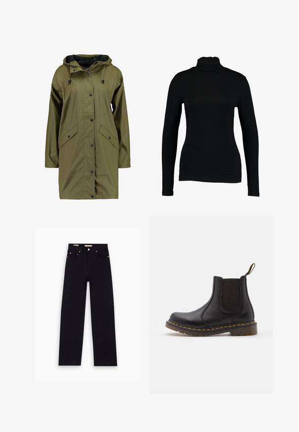 Oliven grøn vandtæt regnjakke med hætte, trykknapper, lange ærmer og to frontlommer. Glat, struktureret ydre finish.; Sort langærmet turtleneck top lavet af glat stof, med et tætsiddende design og høj hals, velegnet til lag-på-lag brug eller som en selvstændig beklædningsgenstand.; Sorte denim jeans med lige pasform, fem lommer, kobberdetaljer og en glat tekstur. To mærker synlige på taljebåndet.; Sort læder Chelsea-støvle med elastiske sidepaneler, afrundet tå, gule syninger, gummisål og en trækflig på bagsiden for nem påtagning.