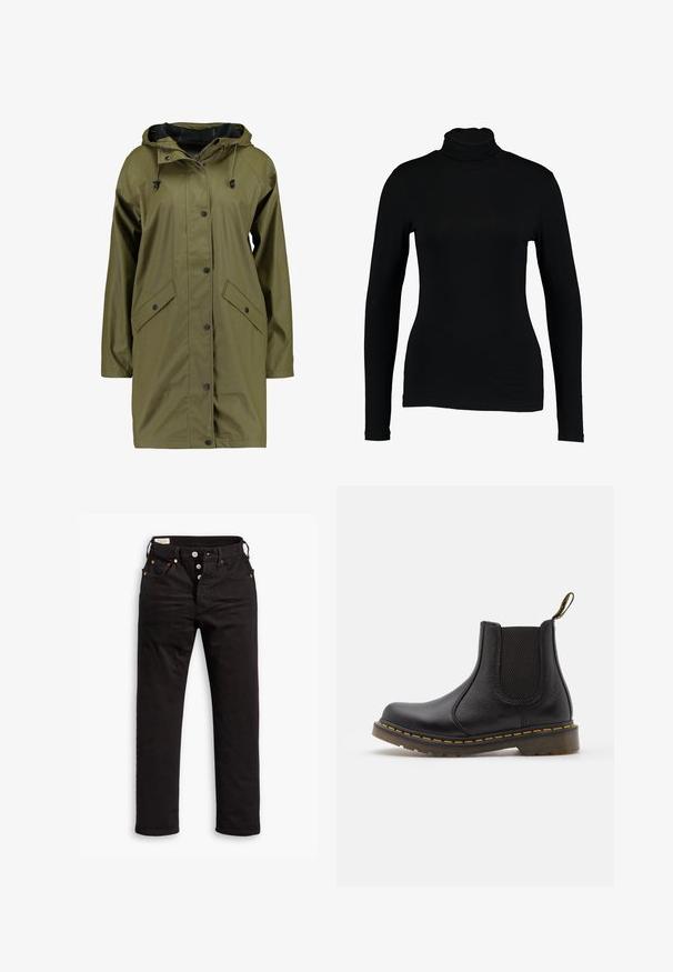 Veste de pluie imperméable vert olive avec capuche, boutons-pression, manches longues et deux poches avant. Fini extérieur lisse et texturé.; T-shirt noir à manches longues et col roulé en tissu lisse, avec une coupe ajustée et un col haut, idéal pour les superpositions ou à porter seul.; Jean noir à jambe droite avec fermeture à boutons, poches avant et arrière, et détails en rivets cuivrés sur fond blanc.; Bottines Chelsea en cuir noir avec des panneaux élastiques sur les côtés, bout arrondi, couture jaune, semelle en caoutchouc et une languette à l'arrière pour faciliter l'enfilage.