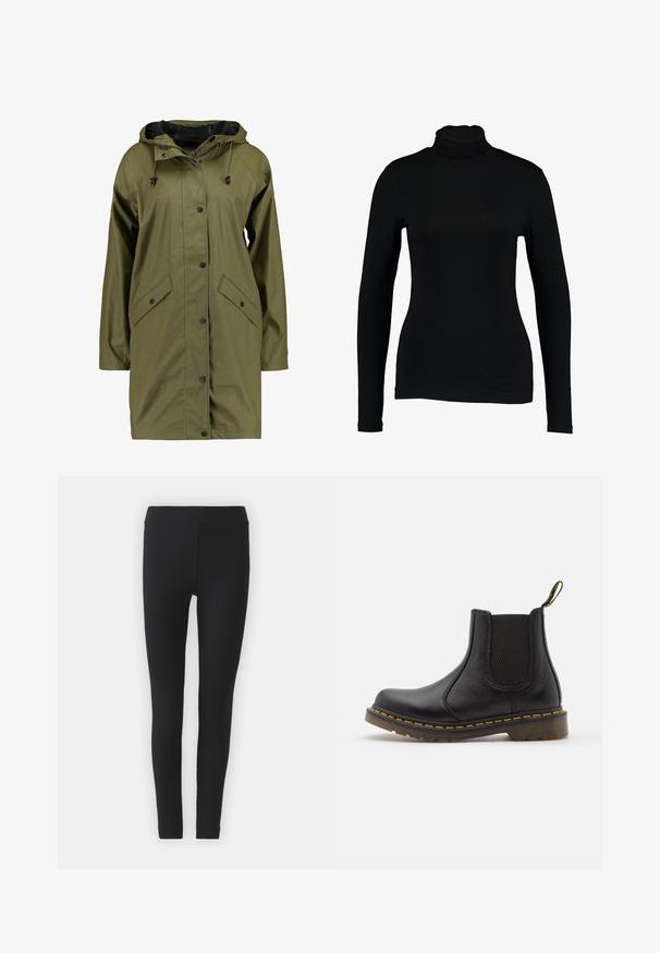 Chaquetón de lluvia impermeable de color verde oliva con capucha, botones a presión, mangas largas y dos bolsillos delanteros. Acabado exterior suave y texturizado.; Top negro de manga larga con cuello alto hecho de tela suave, con un diseño ajustado y un cuello alto, adecuado para usar en capas o como prenda independiente.; Leggings negros hechos de una tela elástica con una textura suave, que cuentan con una cintura alta y un diseño ceñido.; Botín Chelsea de cuero negro con paneles laterales elásticos, punta redonda, costuras amarillas, suela de goma y una lengüeta en la parte trasera para facilitar el calzado.