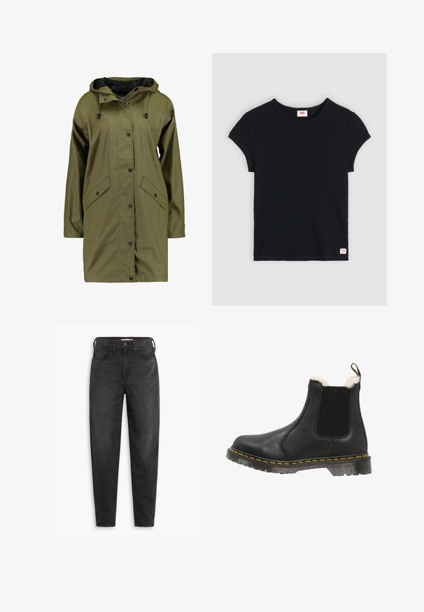 Oliven grøn vandtæt regnjakke med hætte, trykknapper, lange ærmer og to frontlommer. Glat, struktureret ydre finish.; Sort ribbet kortærmet t-shirt med rund hals og et lille mærke i nederste venstre hjørne. Lavet af bomuldsstof, struktureret overflade.; Sorte højtaljede slim-fit jeans med for- og baglommer, knaplukning og bæltestropper, præsenteret på en hvid baggrund.; Sort læder ankelstøvle med strukturerede sidepaneler, blødt hvidt faux pelsfor, gule syninger og en holdbar gummisål.