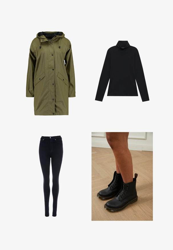 Olivgrüne, wasserdichte Regenjacke mit Kapuze, Druckknöpfen, langen Ärmeln und zwei Fronttaschen. Glatte, strukturierte Außenfläche.; Schwarzes langärmeliges Rollkragenshirt. Weicher Stoff, enganliegendes Design, hoher Kragen und seitliche Nähte. Schlichter und vielseitiger Stil, der sich gut für das Layering eignet.; Hochtaillierte schwarze Skinny-Jeans aus dehnbarem Material, mit einem klassischen Fünf-Taschen-Design und einem Metallknopfverschluss.; Schwarze Leder-Stiefeletten mit Reißverschluss und Schnürdesign, ausgestattet mit gelben Nähten und einer dicken, strukturierten Sohle.
