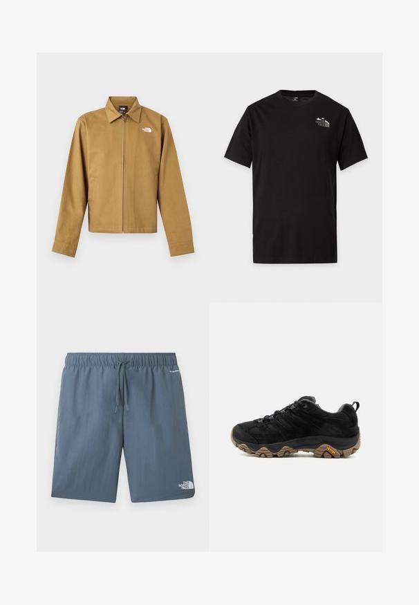 Veste zippée marron clair pour homme avec col, manches longues, poches latérales et logo blanc The North Face sur la poitrine.; T-shirt noir à manches courtes et col rond avec un petit logo blanc The North Face sur la partie supérieure gauche de la poitrine.; Shorts à taille élastique bleue avec cordon de serrage, logo The North Face sur la jambe gauche, et texte « FLASHDRY » près de la poche droite.; Chaussure de randonnée noire avec semelle Vibram marron robuste, dessus en mesh et en daim, design à lacets et languette arrière, vue de côté extérieur.