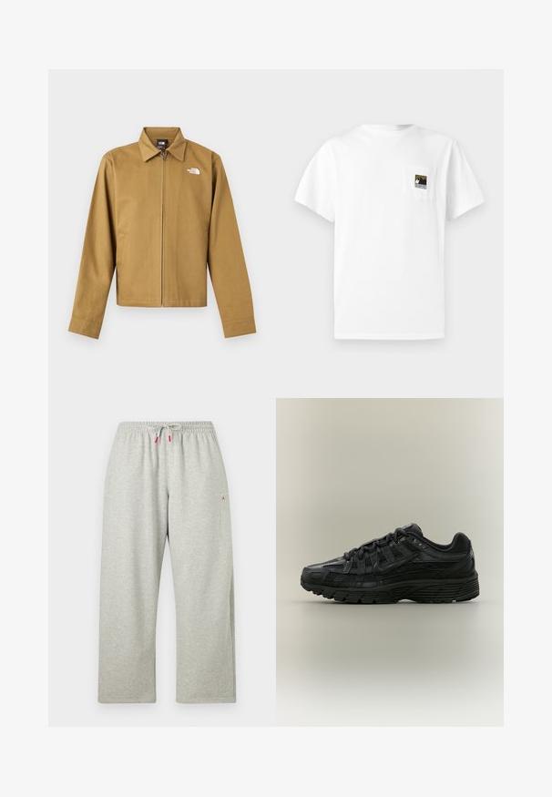 Veste zippée marron clair pour homme avec col, manches longues, poches latérales et logo blanc The North Face sur la poitrine.; T-shirt en coton blanc à manches courtes avec une poche poitrine ornée d'un logo de montagne en noir et or. Design simple et épuré.; Pantalon de jogging gris clair, coupe ample, avec taille élastique et cordon blanc aux extrémités rouges, avec un petit logo rouge sur le haut de la cuisse.; Chaussure de course Nike noire avec tige en mesh et synthétique, fermeture à lacets et semelle texturée, vue de côté gauche sur fond uni.