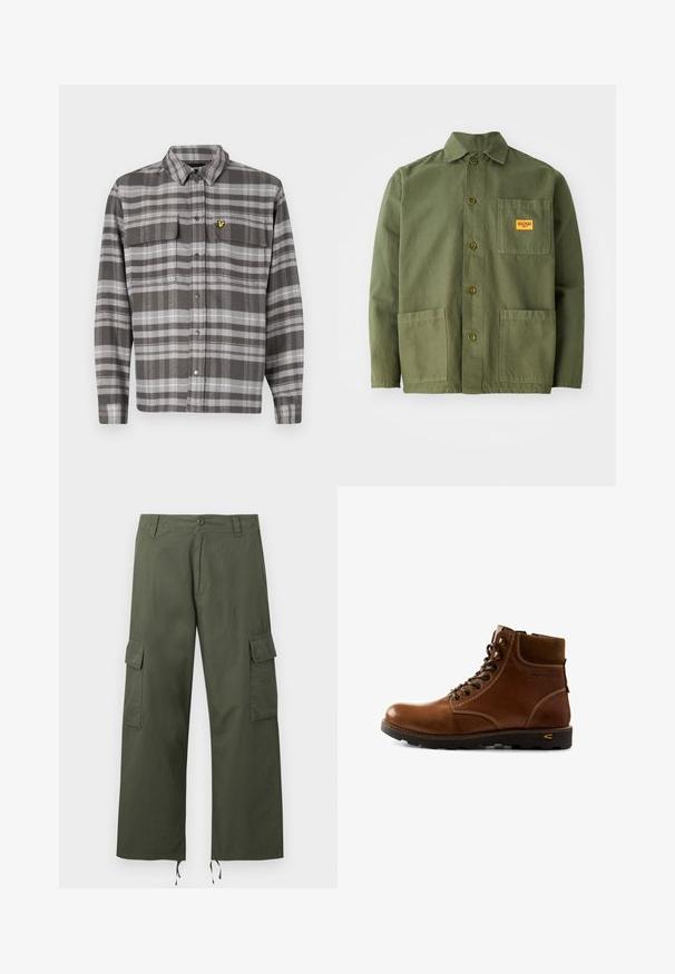 Camisa de cuadros grises con dos bolsillos en el pecho, cierre de botones y acento de logo amarillo. La tela tiene un acabado texturizado y un diseño de cuello clásico.; Chaqueta verde oliva de algodón pesado, con cuello puntiagudo, botones frontales y dos grandes bolsillos de parche. Incluye un pequeño parche con el logo.; Pantalones cargo verde oliva con bolsillos laterales con solapa, cierre de botones, trabillas para cinturón y cordones ajustables en los bajos de pierna anchos.; Bota de cuero marrón hasta el tobillo con cuello acolchado, cierre con cordones y suela negra robusta diseñada para aventuras al aire libre.