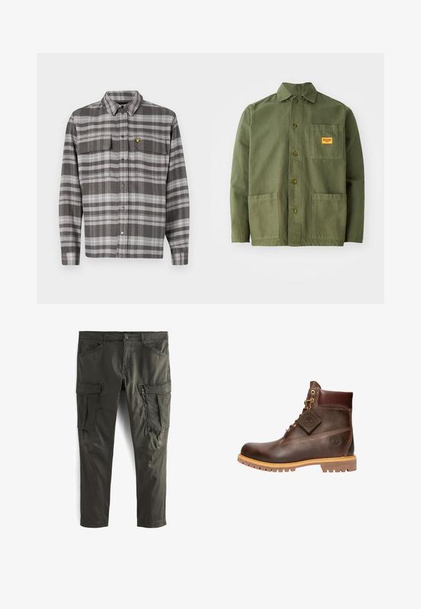 Camisa de cuadros grises con dos bolsillos en el pecho, cierre de botones y acento de logo amarillo. La tela tiene un acabado texturizado y un diseño de cuello clásico.; Chaqueta verde oliva de algodón pesado, con cuello puntiagudo, botones frontales y dos grandes bolsillos de parche. Incluye un pequeño parche con el logo.; Pantalones cargo de color verde olivo confeccionados en un tejido duradero, con múltiples bolsillos laterales, un bolsillo con cremallera y un diseño de pierna recta.; Botín de cuero marrón hasta el tobillo con punta redonda, suela resistente, herrajes en tono dorado y parte superior texturizada. Incluye una etiqueta con el logo adjunta.