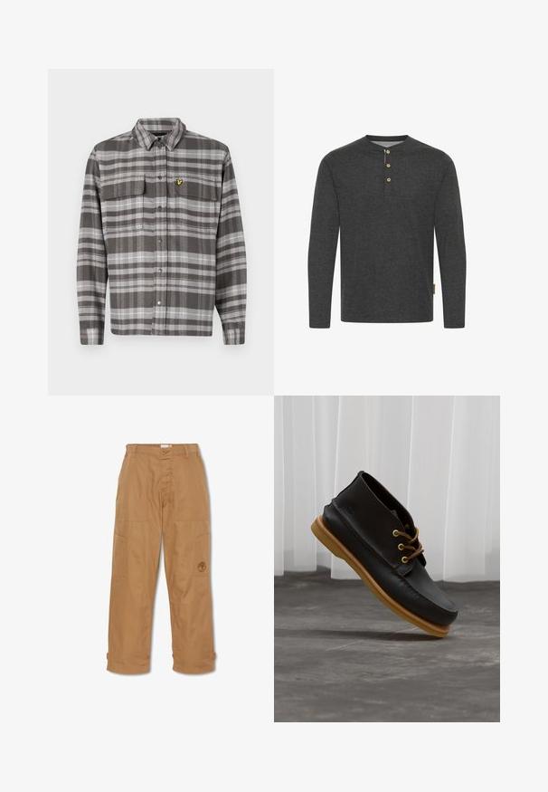 Grau kariertes Hemd mit zwei Brusttaschen, Knopfleiste und gelbem Logo-Akzent. Der Stoff hat eine strukturierte Oberfläche und ein klassisches Kragendesign.; Dunkelgraues Langarmshirt aus weichem Material, mit einem Henley-Ausschnitt und drei Holzknöpfen sowie einem Seitenschild.; Khakifarbene Arbeitshosen aus strapazierfähigem Stoff, mit mehreren Taschen, einem Knopfverschluss und gesticktem Logo auf dem Oberschenkel.; Schwarze Lederschuhe mit glatter Oberfläche, runder Zehenform, braunen Schnürsenkeln und hellbraunen Gummisohlen. Logo an der Seite geprägt.