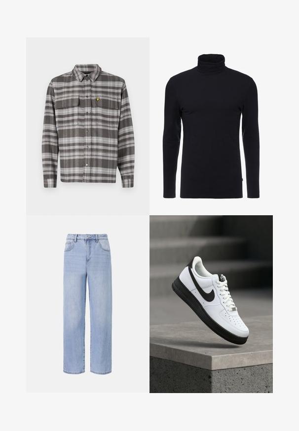 Grijze geruite shirt met twee borstzakken, knoopsluiting en gele logo-accent. De stof heeft een gestructureerde afwerking en een klassiek kraagontwerp.; Zwarte lange mouw turtleneck shirt gemaakt van zachte, rekbare stof. Heeft een aansluitend ontwerp en een gladde textuur. Geen zichtbare patronen of accenten.; Lichtblauwe denim jeans met een ontspannen, wijde pasvorm. Kenmerken zijn onder andere vijf zakken, een sluiting met een knoop aan de voorkant en subtiele vervaging.; Witte leren sneaker met zwarte accenten, afgeronde neus en geperforeerde details. Zwarte rubberen zool met een gestructureerd patroon en vetersluiting.